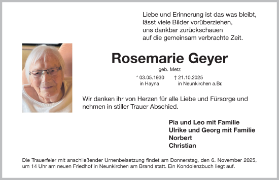 Traueranzeige von Rosemarie Geyer von Erlanger Nachrichten Lokal