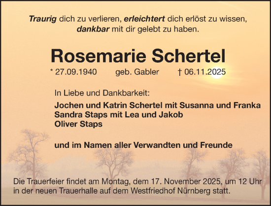 Traueranzeige von Rosemarie Schertel von Gesamtausgabe Nürnberger Nachrichten/ Nürnberger Ztg.