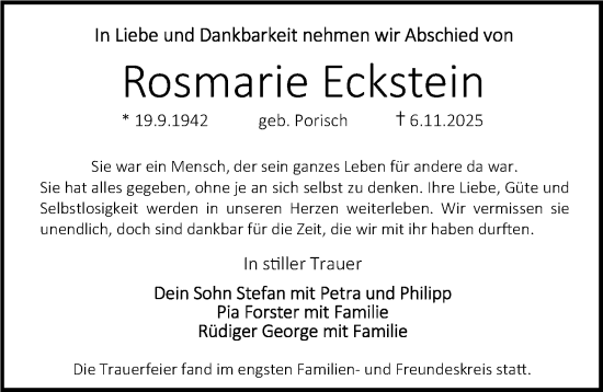 Traueranzeige von Rosmarie Eckstein von Erlanger Nachrichten Lokal