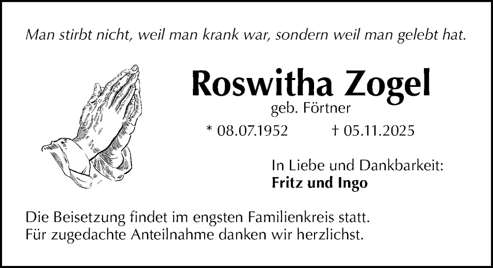  Traueranzeige für Roswitha Zogel vom 15.11.2025 aus Gesamtausgabe Nürnberger Nachrichten/ Nürnberger Ztg.