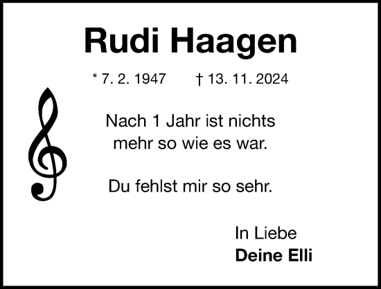 Traueranzeige von Rudi Haagen von Erlanger Nachrichten Lokal