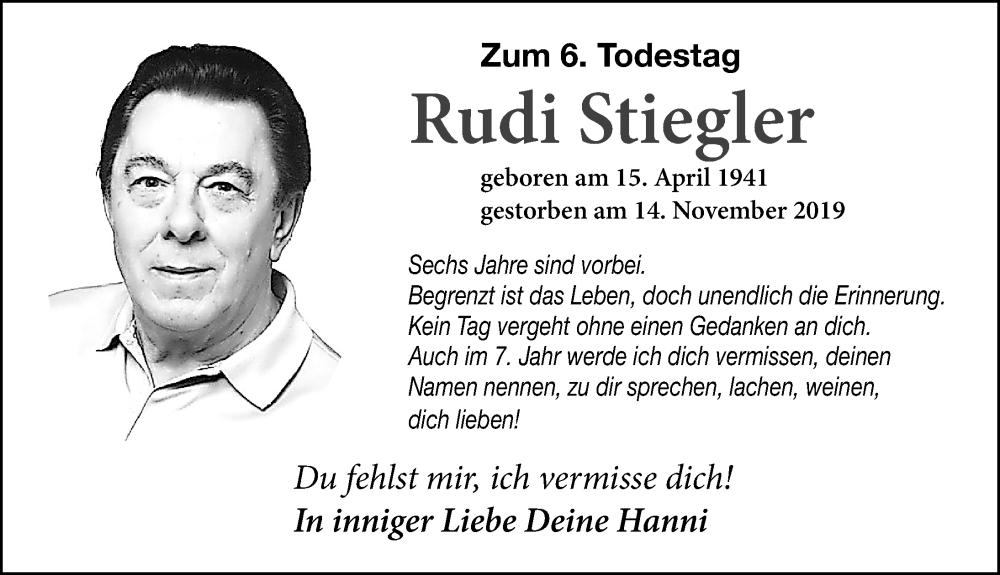  Traueranzeige für Rudi Stiegler vom 14.11.2025 aus Altmühl-Bote Lokal
