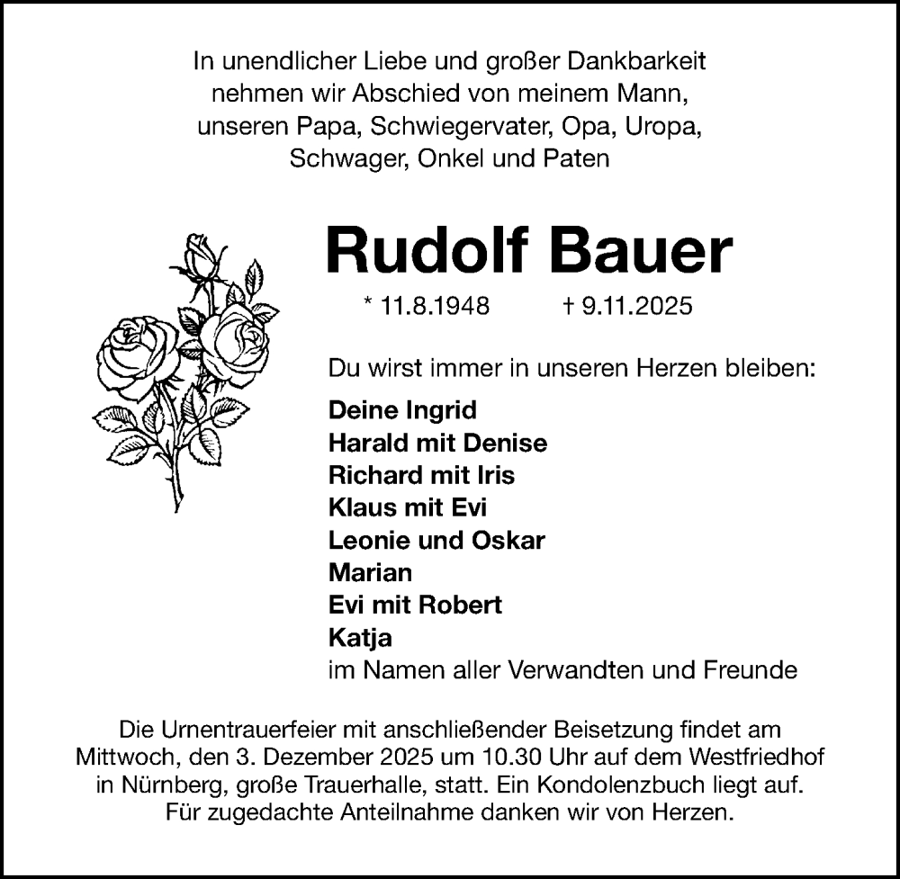  Traueranzeige für Rudolf Bauer vom 22.11.2025 aus Gesamtausgabe Nürnberger Nachrichten/ Nürnberger Ztg.