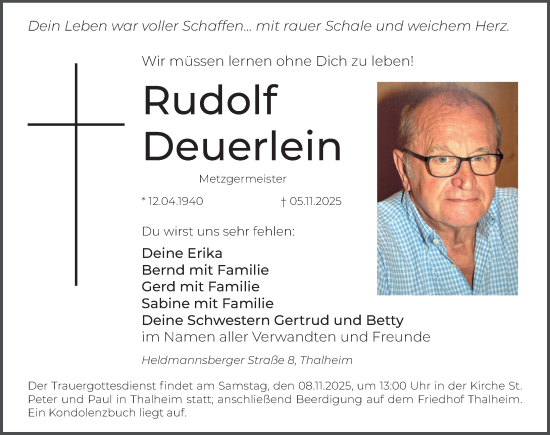 Traueranzeige von Rudolf Deuerlein von Gesamtausgabe Nürnberger Nachrichten/ Nürnberger Ztg.