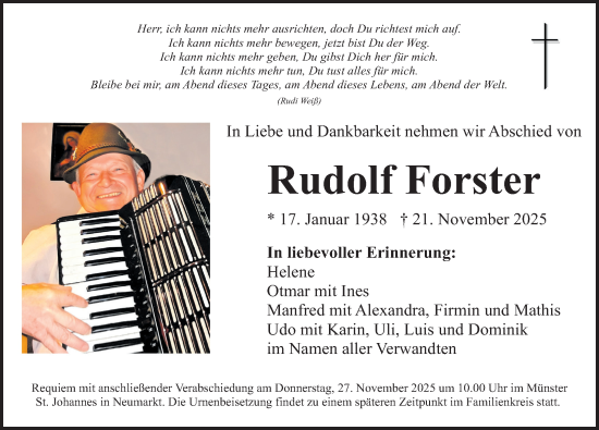 Traueranzeige von Rudolf Forster von Neumarkter Nachrichten Lokal