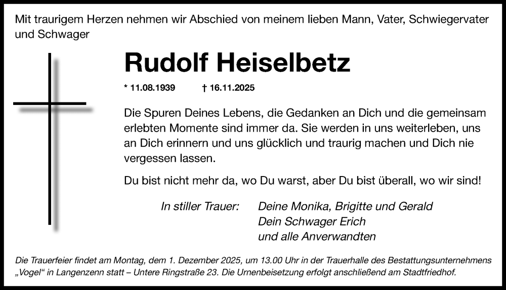  Traueranzeige für Rudolf Heiselbetz vom 26.11.2025 aus Fürther Nachrichten Lokal