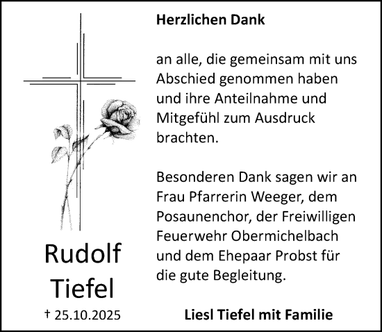 Traueranzeige von Rudolf Tiefel von Fürther Nachrichten Lokal
