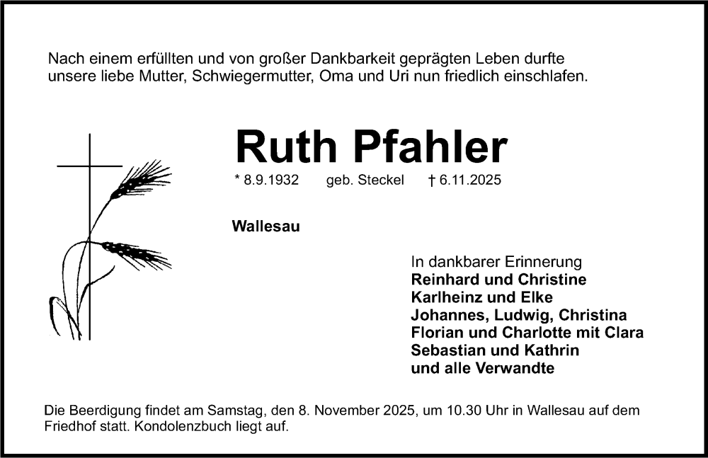  Traueranzeige für Ruth Pfahler vom 08.11.2025 aus Roth-Hilpoltsteiner Volkszeitung Lokal