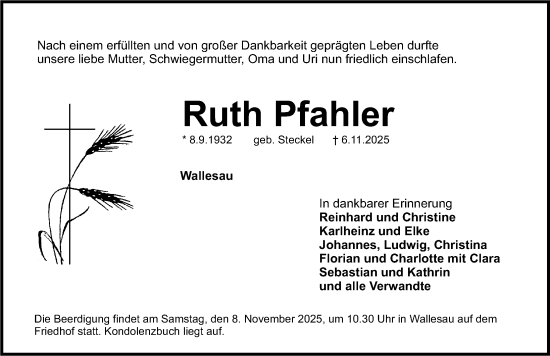 Traueranzeige von Ruth Pfahler von Roth-Hilpoltsteiner Volkszeitung Lokal