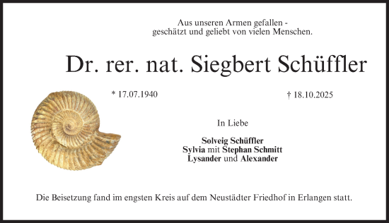 Traueranzeige von Siegbert Schüffler von Erlanger Nachrichten Lokal