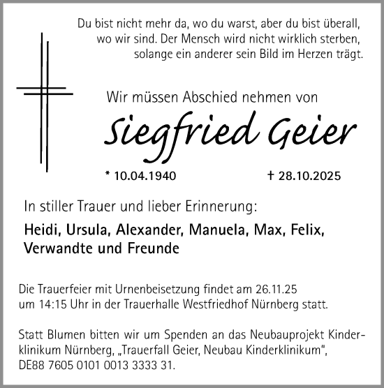 Traueranzeige von Siegfried Geier von Gesamtausgabe Nürnberger Nachrichten/ Nürnberger Ztg.