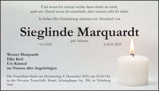 Traueranzeige von Sieglinde Marquardt von Gesamtausgabe Nürnberger Nachrichten/ Nürnberger Ztg.
