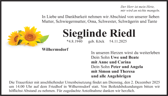 Traueranzeige von Sieglinde Riedl von Fürther Nachrichten Lokal
