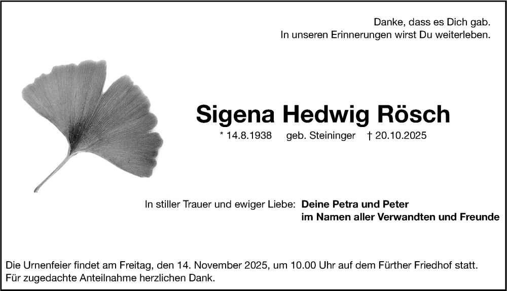  Traueranzeige für Sigena Hedwig Rösch vom 08.11.2025 aus Gesamtausgabe Nürnberger Nachrichten/ Nürnberger Ztg.