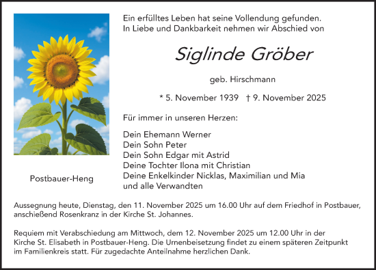 Traueranzeige von Siglinde Gröber von Neumarkter Nachrichten Lokal
