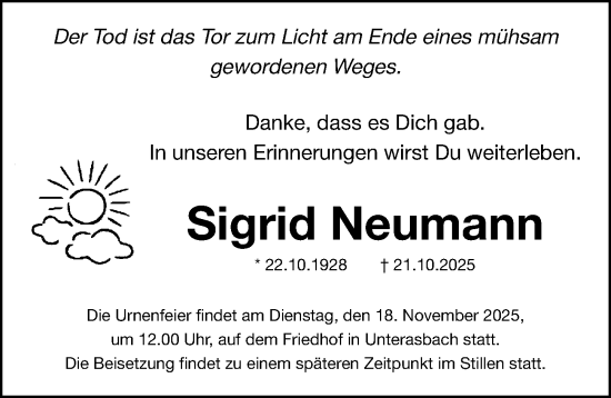 Traueranzeige von Sigrid Neumann von Fürther Nachrichten Lokal