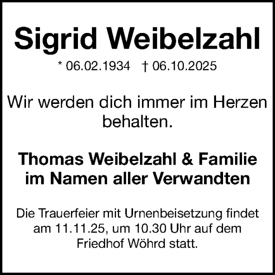 Traueranzeige von Sigrid Weibelzahl von Gesamtausgabe Nürnberger Nachrichten/ Nürnberger Ztg.