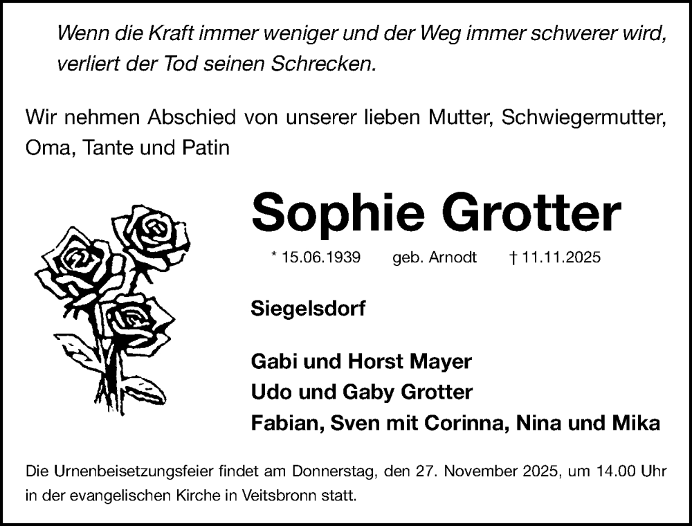  Traueranzeige für Sophie Grotter vom 22.11.2025 aus Fürther Nachrichten Lokal