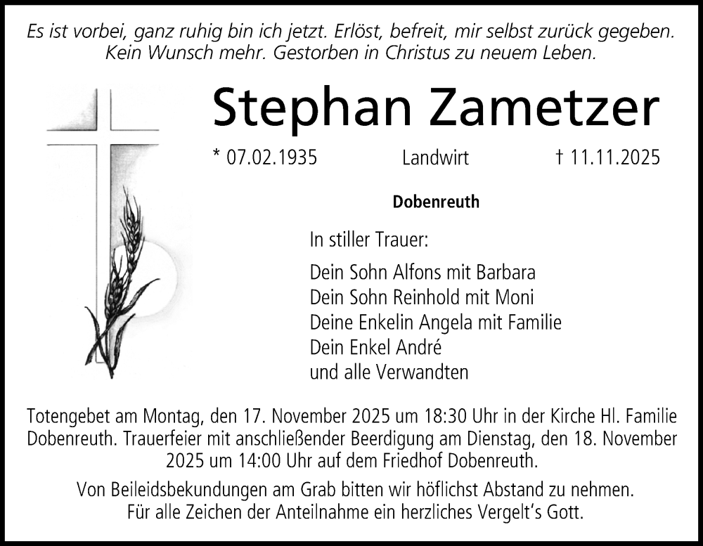  Traueranzeige für Stephan Zametzer vom 15.11.2025 aus Nordbayerische Nachrichten Forchheim Lokal