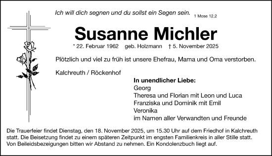 Traueranzeige von Susanne Michler von Gesamtausgabe Nürnberger Nachrichten/ Nürnberger Ztg.