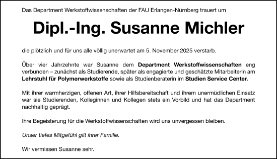 Traueranzeige von Susanne Michler von Erlanger Nachrichten Lokal