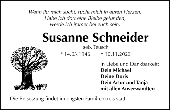 Traueranzeige von Susanne Schneider von Gesamtausgabe Nürnberger Nachrichten/ Nürnberger Ztg.