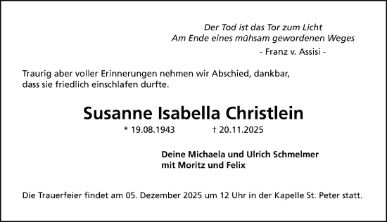 Traueranzeige von Susanne Isabella Christlein von Gesamtausgabe Nürnberger Nachrichten/ Nürnberger Ztg.