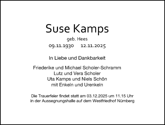 Traueranzeige von Suse Kamps von Gesamtausgabe Nürnberger Nachrichten/ Nürnberger Ztg.