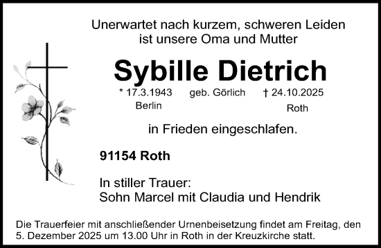 Traueranzeige von Sybille Dietrich von Roth-Hilpoltsteiner Volkszeitung Lokal