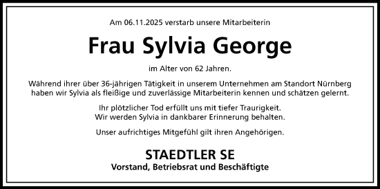 Traueranzeige von Sylvia George von Gesamtausgabe Nürnberger Nachrichten/ Nürnberger Ztg.