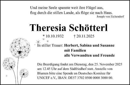 Traueranzeige von Theresia Schötterl von Gesamtausgabe Nürnberger Nachrichten/ Nürnberger Ztg.