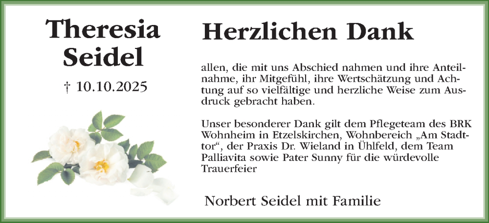  Traueranzeige für Theresia Seidel vom 08.11.2025 aus Erlanger Nachrichten Lokal