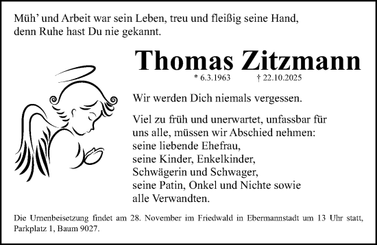 Traueranzeige von Thomas Zitzmann von Nordbayerische Nachrichten Forchheim Lokal