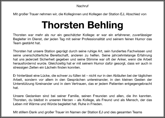 Traueranzeige von Thorsten Behling von Neumarkter Nachrichten Lokal