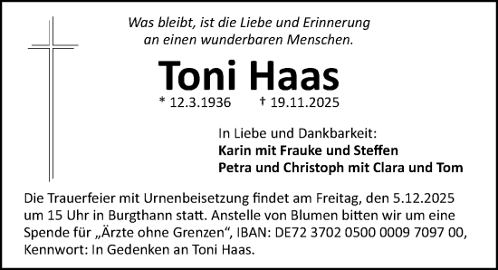 Traueranzeige von Toni Haas von Gesamtausgabe Nürnberger Nachrichten/ Nürnberger Ztg.