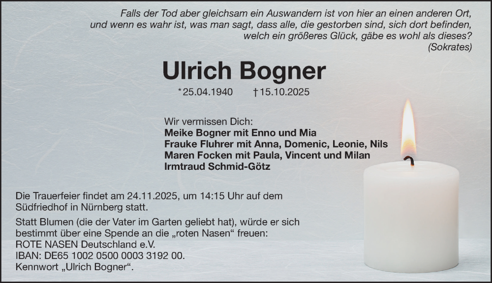  Traueranzeige für Ulrich Bogner vom 15.11.2025 aus Gesamtausgabe Nürnberger Nachrichten/ Nürnberger Ztg.