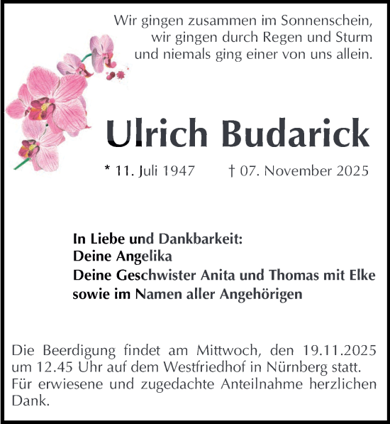 Traueranzeige von Ulrich Budarick von Gesamtausgabe Nürnberger Nachrichten/ Nürnberger Ztg.