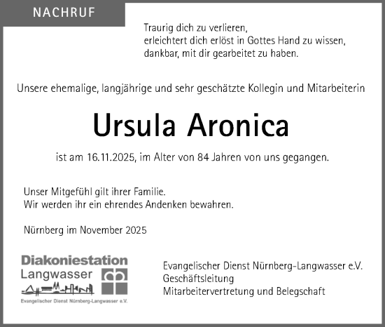Traueranzeige von Ursula Aronica von Gesamtausgabe Nürnberger Nachrichten/ Nürnberger Ztg.