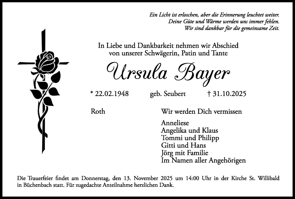  Traueranzeige für Ursula Ayer vom 11.11.2025 aus Roth-Hilpoltsteiner Volkszeitung Lokal
