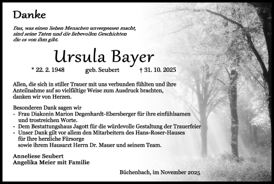 Traueranzeige von Ursula Bayer von Roth-Hilpoltsteiner Volkszeitung Lokal