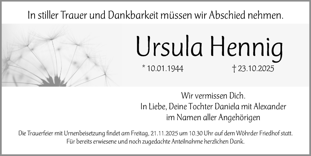  Traueranzeige für Ursula Hennig vom 15.11.2025 aus Gesamtausgabe Nürnberger Nachrichten/ Nürnberger Ztg.