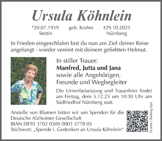 Traueranzeige von Ursula Köhnlein von Gesamtausgabe Nürnberger Nachrichten/ Nürnberger Ztg.