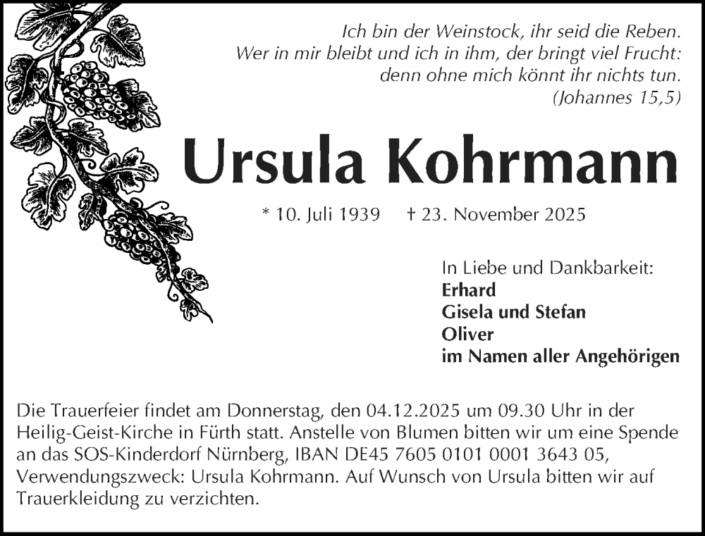  Traueranzeige für Ursula Kohrmann vom 29.11.2025 aus Gesamtausgabe Nürnberger Nachrichten/ Nürnberger Ztg./ Fürther Nachrichten