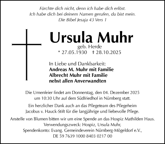 Traueranzeige von Ursula Muhr von Gesamtausgabe Nürnberger Nachrichten/ Nürnberger Ztg.