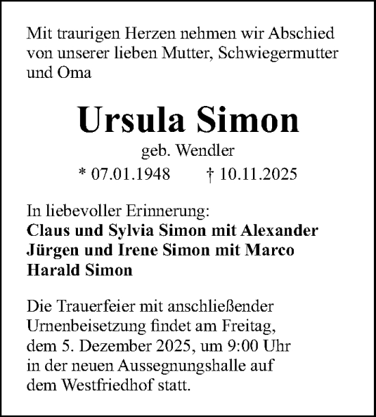 Traueranzeige von Ursula Simon von Gesamtausgabe Nürnberger Nachrichten/ Nürnberger Ztg.