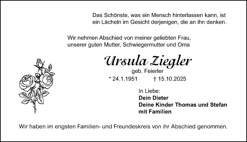  Traueranzeige für Ursula Ziegler vom 15.11.2025 aus Gesamtausgabe Nürnberger Nachrichten/ Nürnberger Ztg./ Fürther Nachrichten