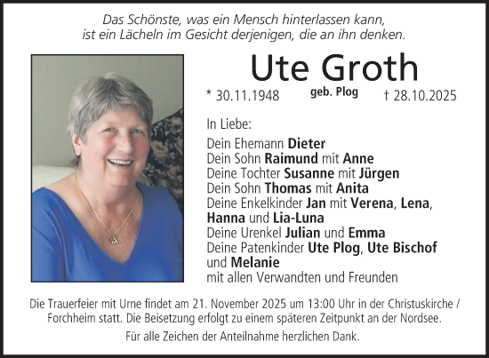 Traueranzeige von Ute Groth von Nordbayerische Nachrichten Forchheim Lokal