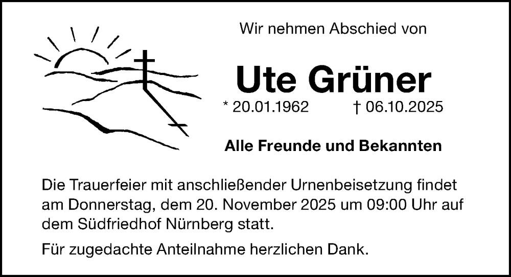  Traueranzeige für Ute Grüner vom 08.11.2025 aus Gesamtausgabe Nürnberger Nachrichten/ Nürnberger Ztg.