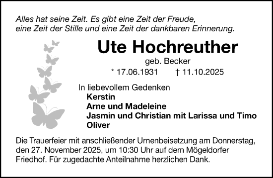 Traueranzeige von Ute Hochreuther von Gesamtausgabe Nürnberger Nachrichten/ Nürnberger Ztg.