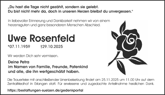 Traueranzeige von Uwe Rosenfeld von Erlanger Nachrichten Lokal